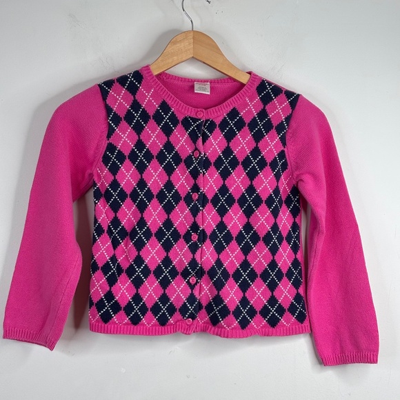 VTG Y2K Gymboree Cardigan Sweater 7-8 Pink Argyle Preppy Retro Academia Twee 90s - Picture 1 of 7